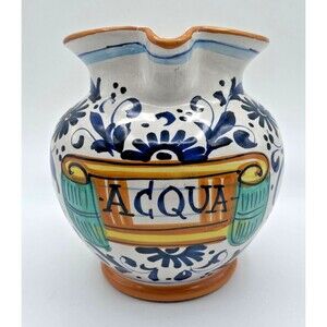 Ricco Deruta Italy Pitcher Hand Painted "ACQUA" Colorful Floral Scroll 6”
